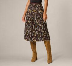 A Line Satin Waist Pleated Midi Skirt In Chocolate Paisley Vine