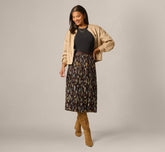 A Line Satin Waist Pleated Midi Skirt In Chocolate Paisley Vine