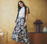Ankle Length A Line Midi Skirt In Navy Ivory Whimsical Floral