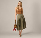 Belted A Line Pleated Midi Skirt In Olive Tree