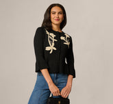 Bell Sleeve Floral Embroidered Peplum Cardigan Sweater In Black Cream