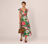 3D Tropical Floral Cotton A Line Midi Dress In Black Multi