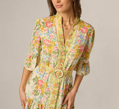 Bell Sleeve Vintage Floral Print Short Dress In Pale Yellow