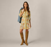 Bell Sleeve Vintage Floral Print Short Dress In Pale Yellow