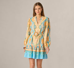 Bishop Sleeve Paisley Print Belted Short Dress In Peach Multi