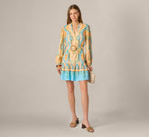 Bishop Sleeve Paisley Print Belted Short Dress In Peach Multi