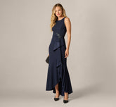 Bead Accent Crepe Halter Gown In Midnight