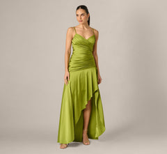 Asymmetrical High Low Stretch Satin Drop Waist Gown In Martini Olive