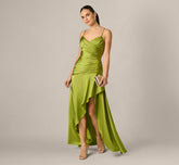 Asymmetrical High Low Stretch Satin Drop Waist Gown In Martini Olive