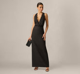 Blouson Lace Trim Plunge Gown In Black