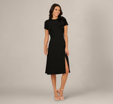 Asymmetrical Short Sleeve Crepe Midi Dress In Black