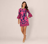Bell Sleeve Floral Twill Short Dress In Navy Multi