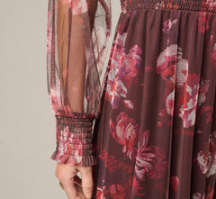 Bishop Sleeve Floral Mesh Maxi Dress In Brown Multi