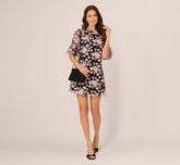 Bell Sleeve Floral Embroidered Short Dress In Black Multi