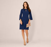 Bell Sleeve Stretch Crepe Keyhole Sheath Dress In Navy Sateen