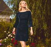 Bell Sleeve Floral Stretch Burnout Velvet Short Dress In Navy