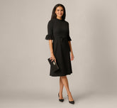 Bell Sleeve Bow Front Ruffle Midi Dress In Black