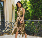 Baroque Scroll Print Satin Handkerchief Hem Midi Dress In Olive Ecru