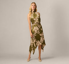 Baroque Scroll Print Satin Handkerchief Hem Midi Dress In Olive Ecru