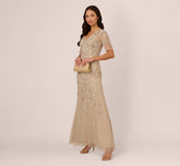 3D Floral Beaded Mermaid Gown With Sheer Short Sleeves In Biscotti
