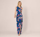 Asymmetrical Draped Floral Chiffon Gown In Dark Blue Multi