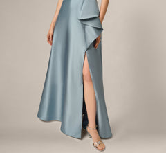 Beaded Halter Draped Mikado Gown In Icy Opaline