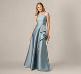 Beaded Halter Draped Mikado Gown In Icy Opaline