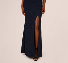 Beaded Off Shoulder Glitter Tweed Gown In Navy