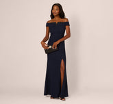 Beaded Off Shoulder Glitter Tweed Gown In Navy