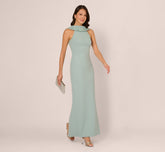 Beaded Roll Neck Column Gown In Aqua Dust