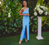Beaded One Shoulder Stretch Column Gown In Waterfall
