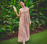 3D Floral Sequin Bead Trapeze Gown In Cafe Mocha