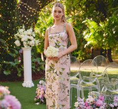 Beaded Square Neck Floral Jacquard Gown In Blush Multi