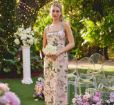 Beaded Square Neck Floral Jacquard Gown In Blush Multi