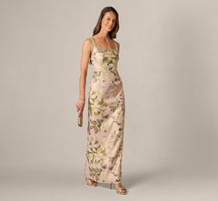 Beaded Square Neck Floral Jacquard Gown In Blush Multi