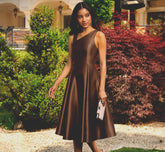 Asymmetrical Mikado Fit And Flare Midi Dress In Espresso
