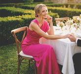 Asymmetrical Draped Satin Cape Gown In Berry Rose