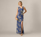 Asymmetrical Draped Stretch Metallic Lace Gown In Navy Gold