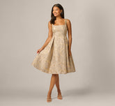 Beaded Square Neck Metallic Fit And Flare Midi Dress In Mink