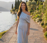 Asymmetrical Draped Neck Stretch Satin Gown In Elegant Sky
