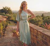 Asymmetrical Draped Stretch Satin Midi Dress In Icy Sage