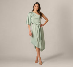 Asymmetrical Draped Stretch Satin Midi Dress In Icy Sage