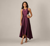 Beaded Collar Mikado Fit And Flare High Low Gown In Pinot Noir