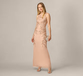 Adrianna Papell Hand-Beaded Sleeveless Slim Column Gown In Rose Gold