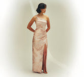Beaded One Shoulder Floral Jacquard Draped Gown In Blush Multi
