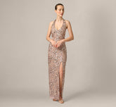 3D Floral Sequin Beaded Halter Gown In Smokey Mauve
