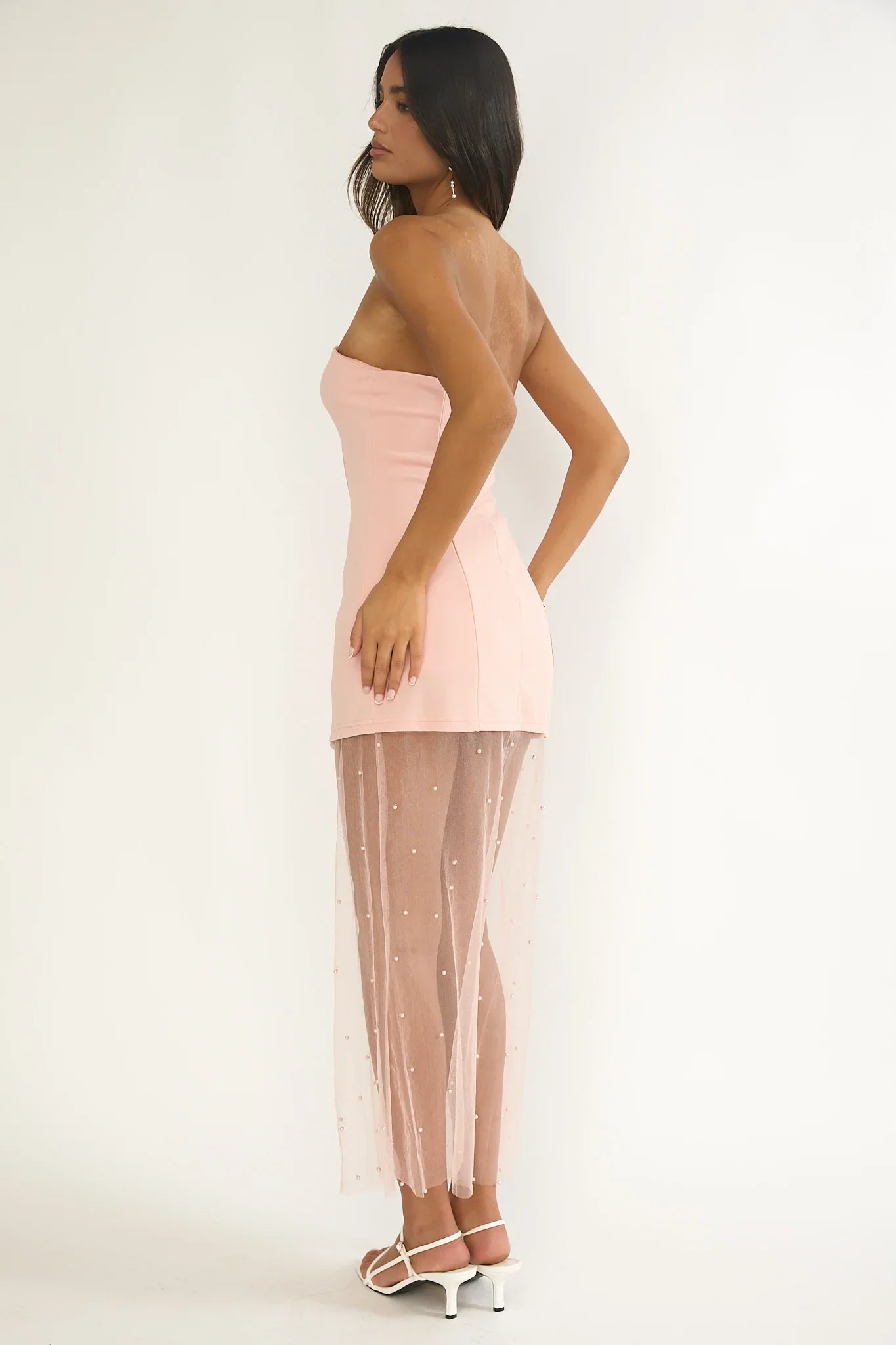 Coralie Sheer Pearl Hem Maxi Dress Peach