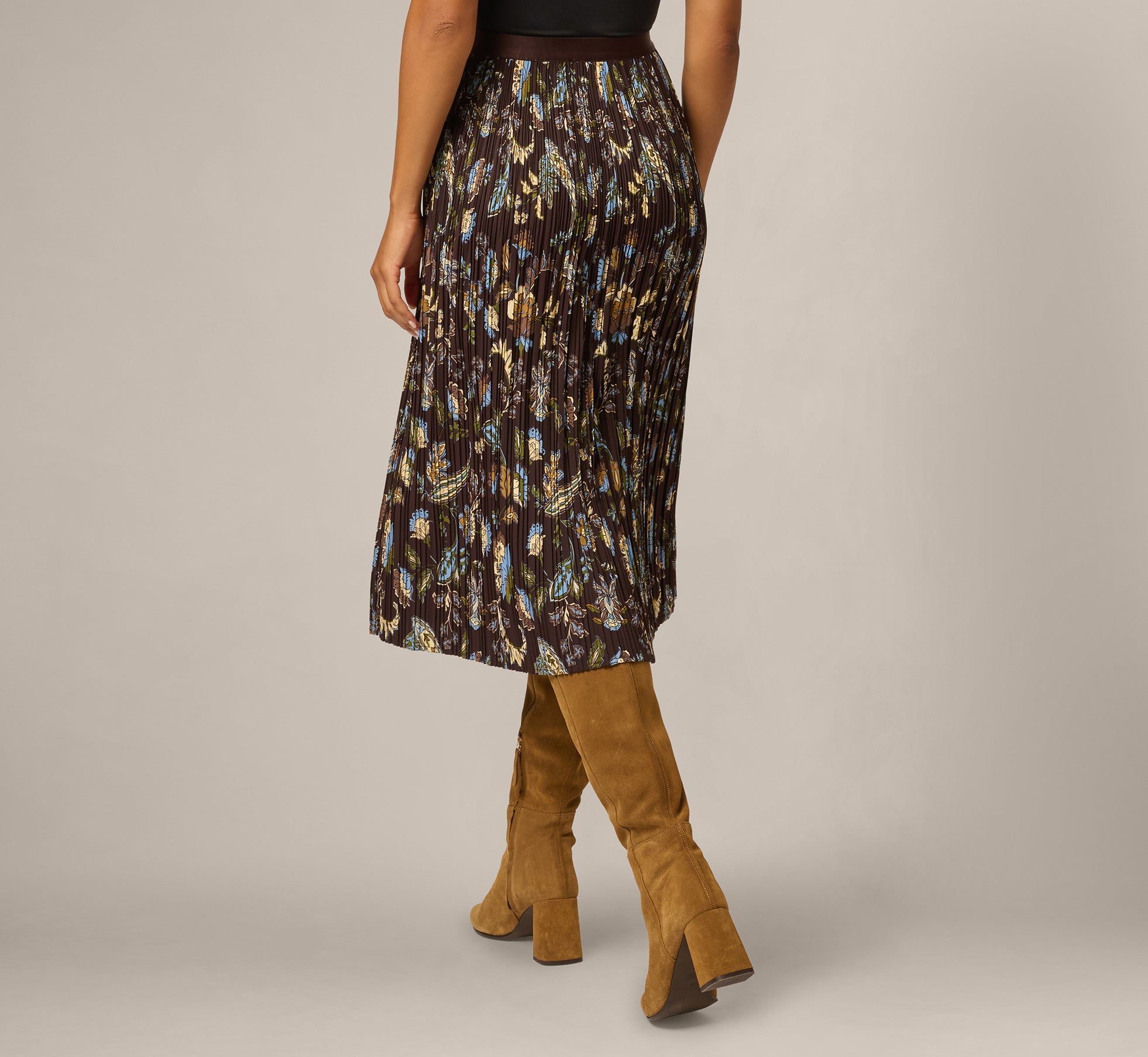 A Line Satin Waist Pleated Midi Skirt In Chocolate Paisley Vine