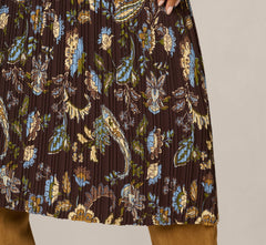 A Line Satin Waist Pleated Midi Skirt In Chocolate Paisley Vine