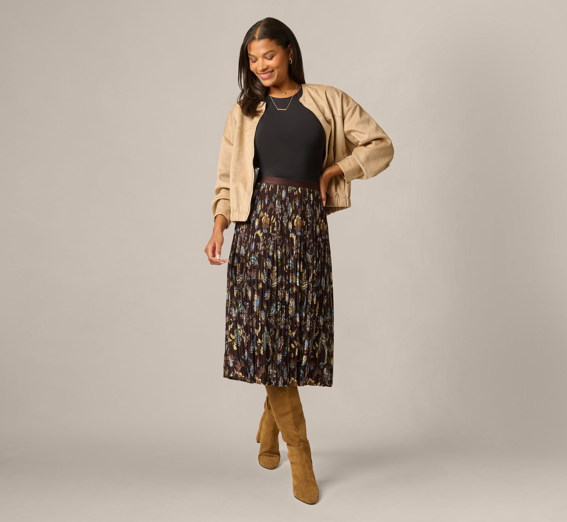 A Line Satin Waist Pleated Midi Skirt In Chocolate Paisley Vine
